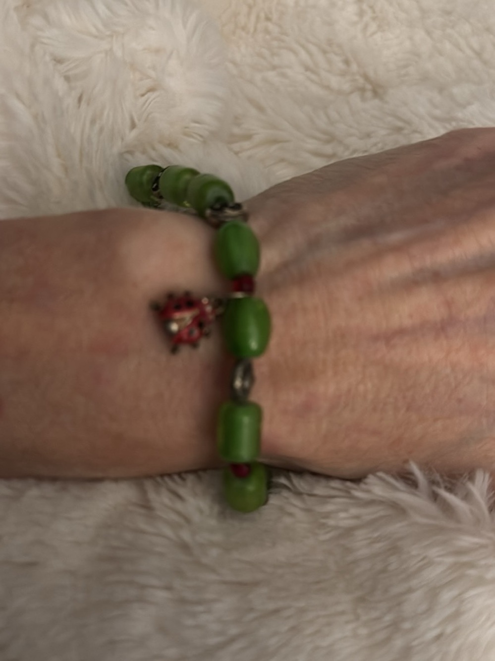 Green Beaded Bracelet with Ladybug Charm - Unbranded